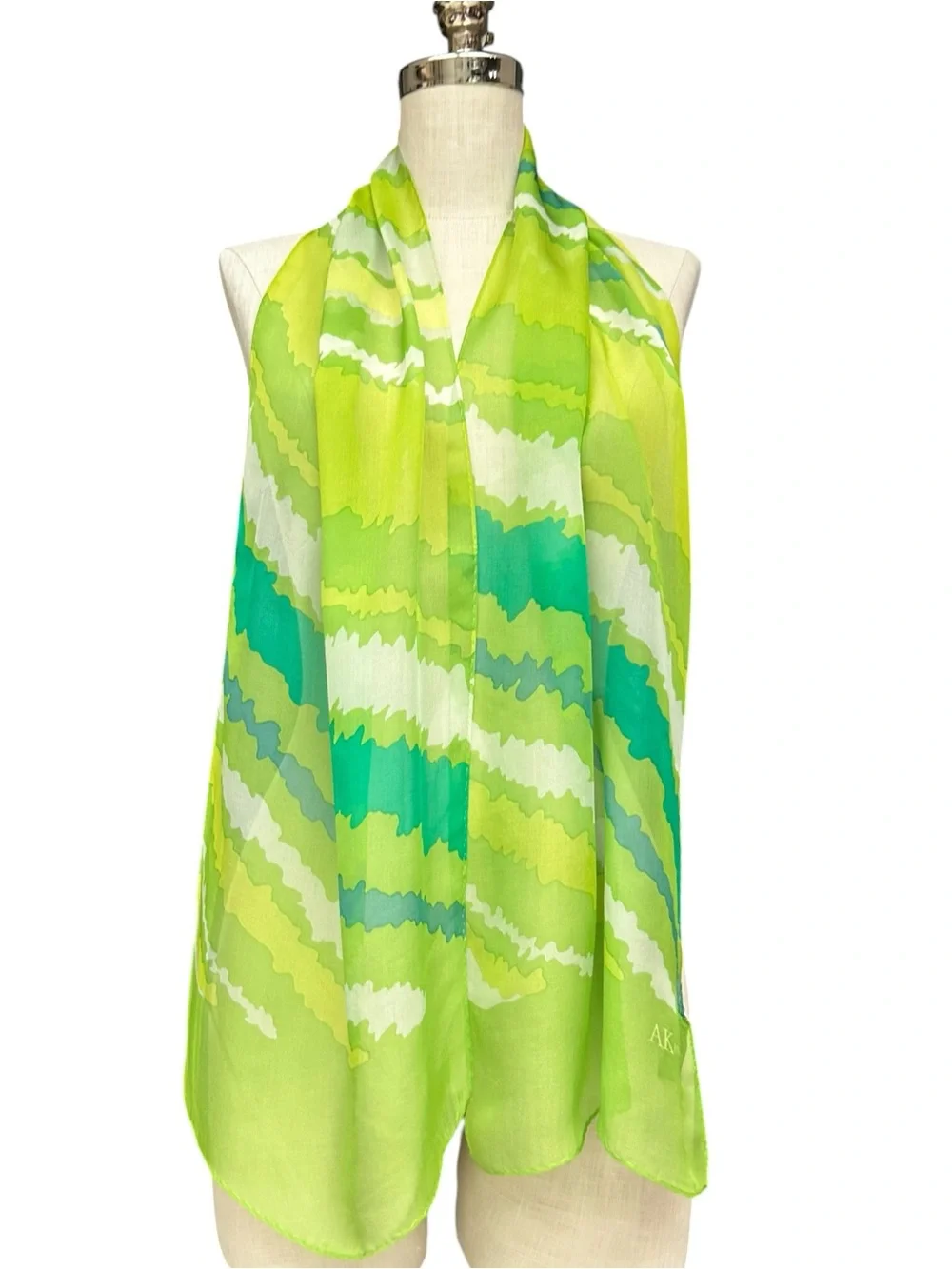 Anne Klein Green Multi-Tone Patterned Scarf Silk Sheer Skinny Scarf
